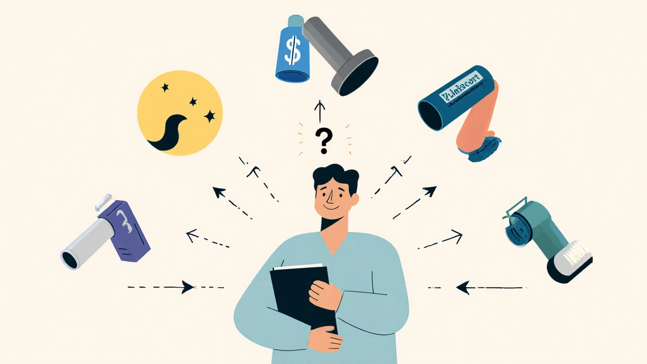 A patient holding a symptom diary with icons, surrounded by abstract inhaler shapes in minimalist Bauhaus design.