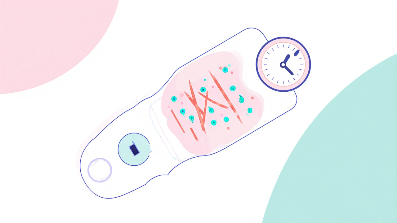 Abstract illustration of antibodies binding to hCG hormones on a test strip.