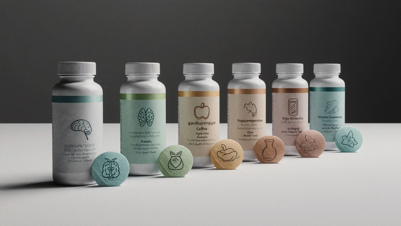 Array of supplement bottles and capsules comparing Hoodia with alternatives in duotone.