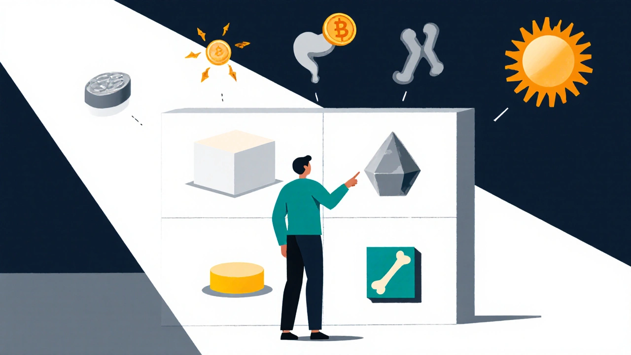 Bauhaus cartoon of a person choosing among supplement icons on a grid, representing cost, gut comfort, and bone health.