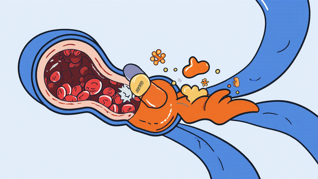 Bauhaus illustration of a blood vessel showing Dipyridamole releasing adenosine and causing dilation.