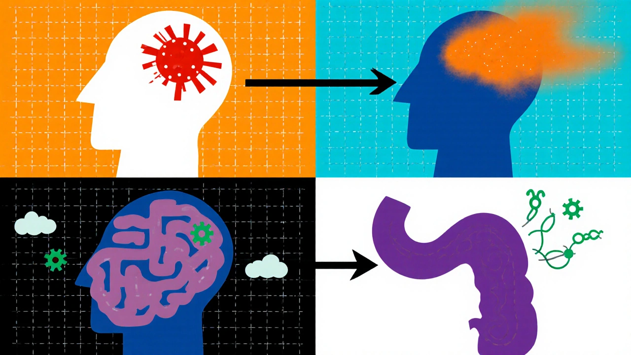 Bauhaus illustration of cytokine signals, gut, and brain connected by arrows.