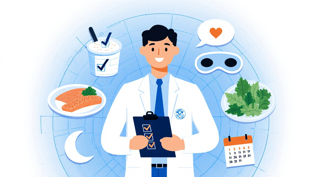 Bauhaus scene showing doctor, probiotic foods, and sleep symbols for holistic care.