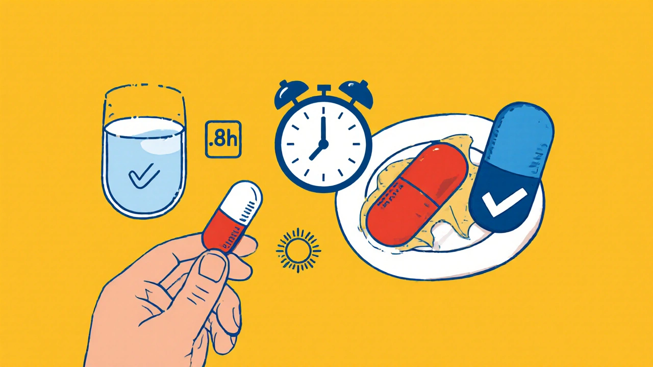 Bauhaus-style safety guide with clarithromycin pill, water, food, clock, and azithromycin pill.