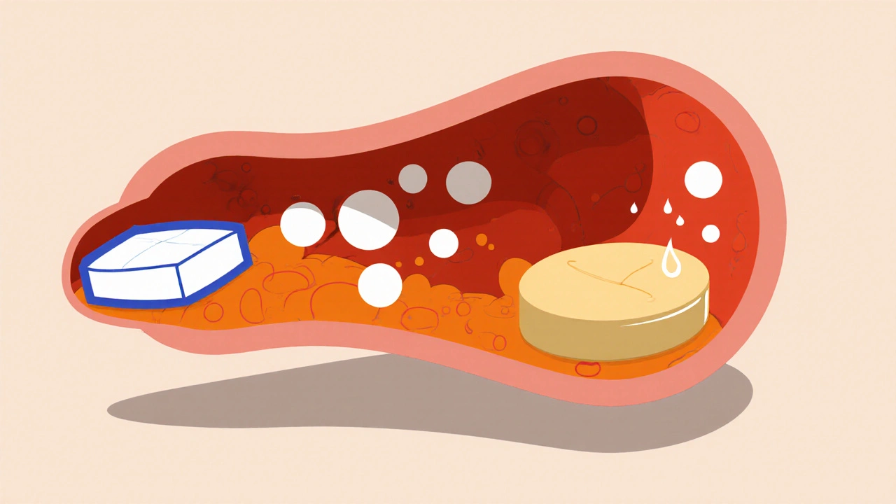 Bauhaus style stomach cross-section showing acid bubbles dissolving a calcium carbonate tablet while citrate dissolves easily.