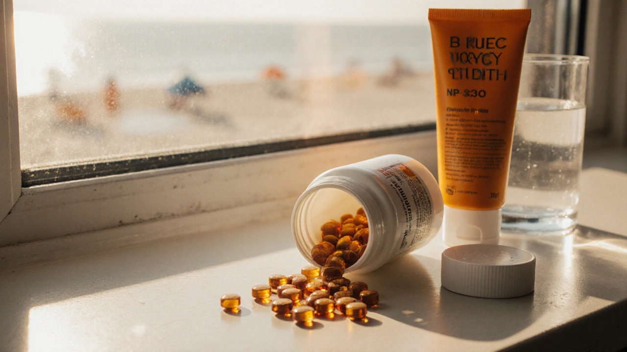 Close-up of generic doxycycline tablets beside a sunscreen bottle on a sunny windowsill.