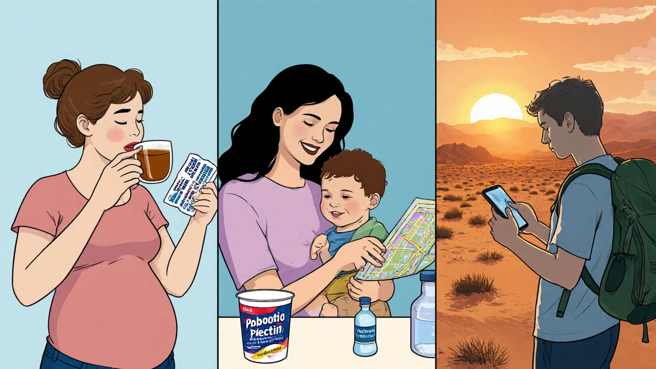 Comic‑style three‑panel scene: pregnant woman with Racecadotril, mother with toddler and Kaolin‑pectin, traveler with Pepto‑Bismol.