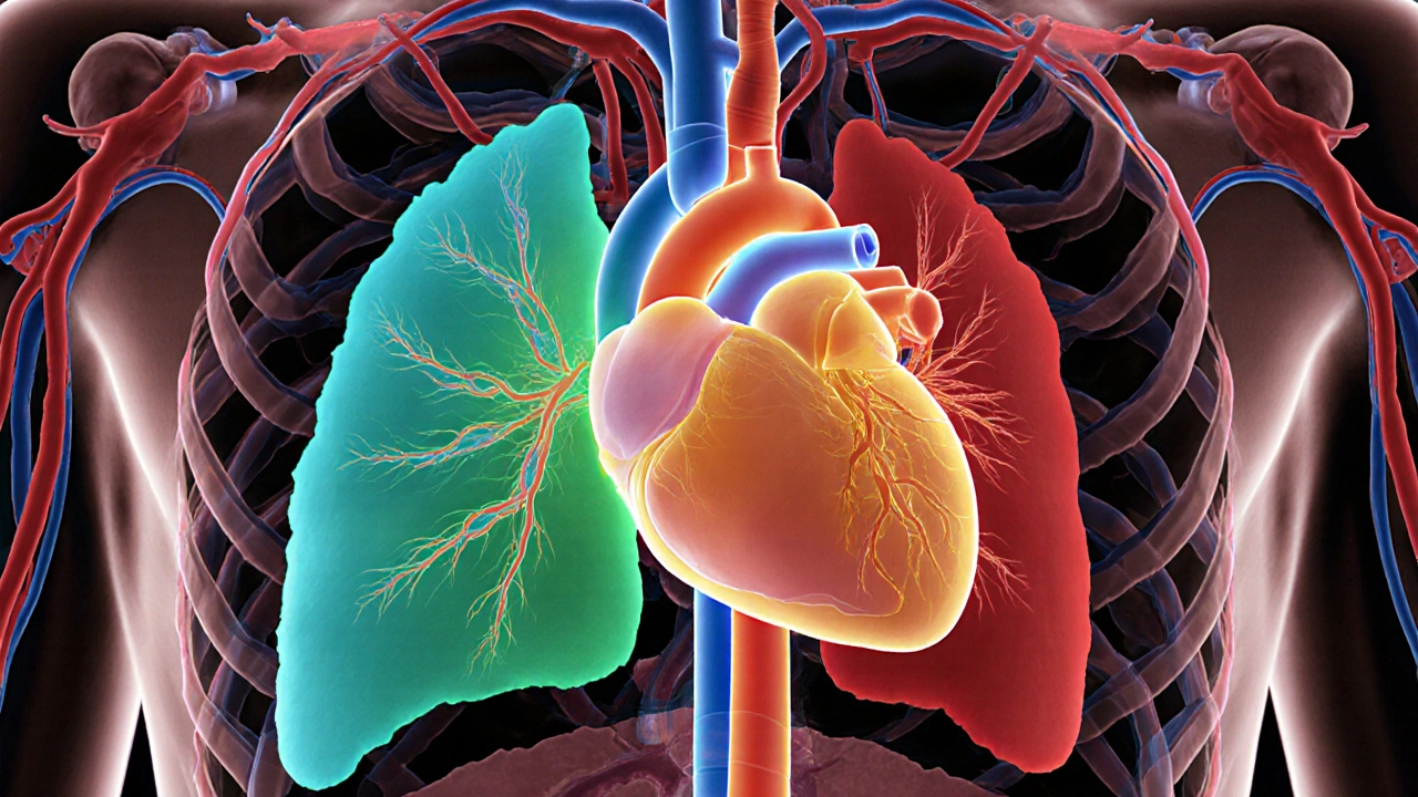 Cross‑section of chest with heart enlarging as surrounding color layers shift from teal to red, indicating rising blood pressure.