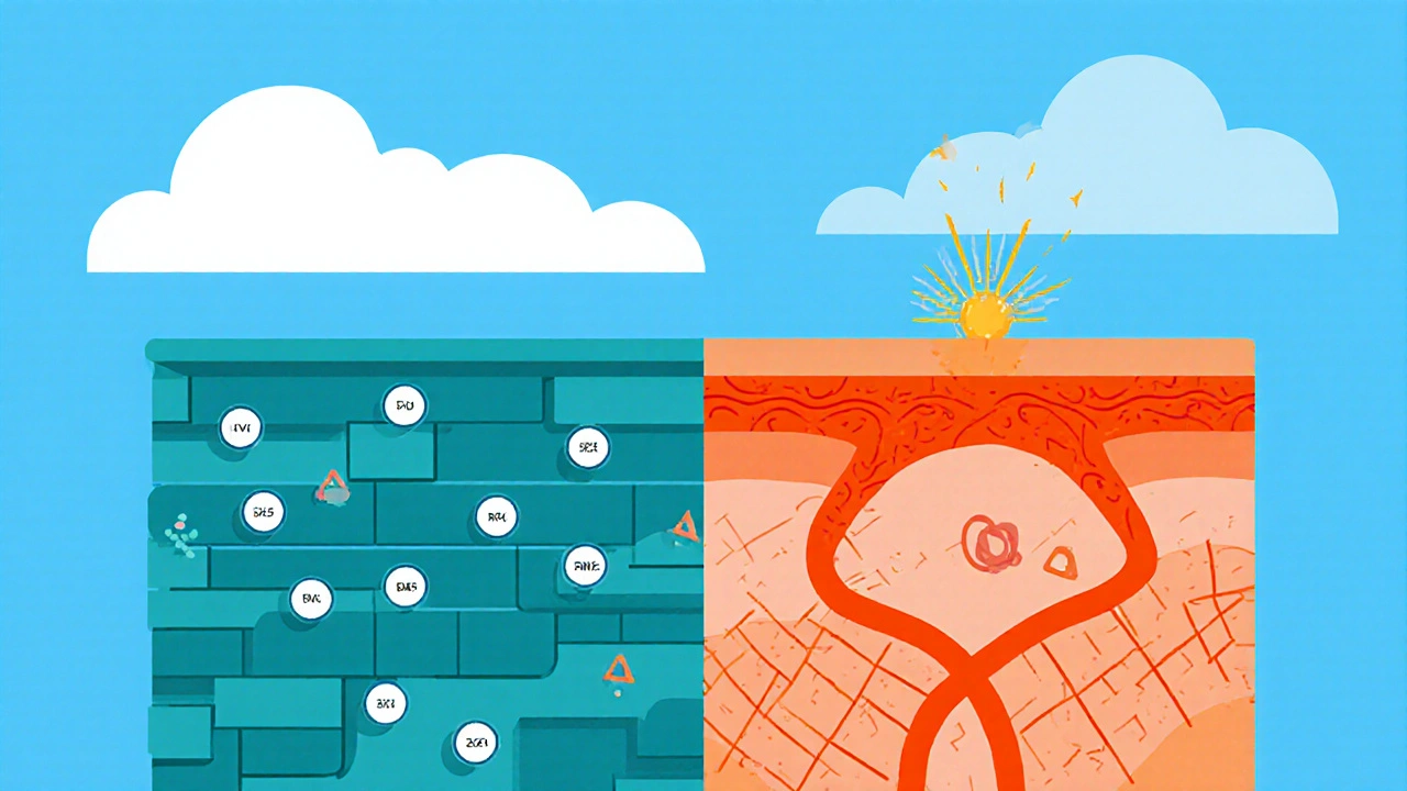 Cross‑section showing particles and ozone damaging skin layers.