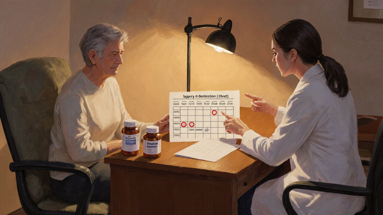 Doctor consulting patient in a cozy office, showing a taper schedule and pill bottles.