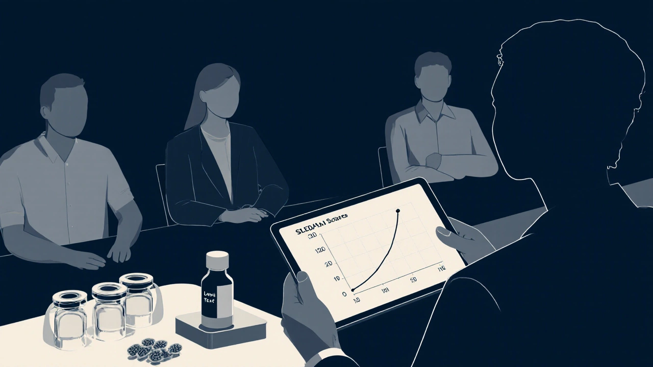 Doctor reviewing lupus patients' data with a tablet, surrounded by lab equipment, in navy and ivory tones.