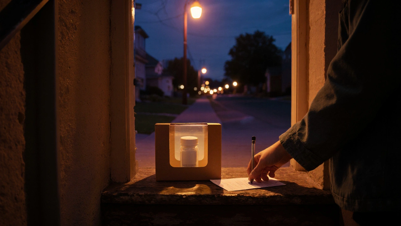 Evening doorstep with a delivery box revealing a bottle of pills being inspected.