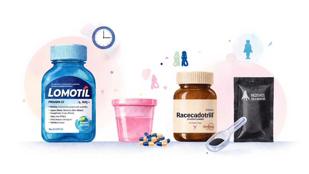 Flat‑lay of various diarrhea‑relief products: Lomotil, Pepto‑Bismol, Racecadotril, probiotic, Kaolin‑pectin, charcoal.