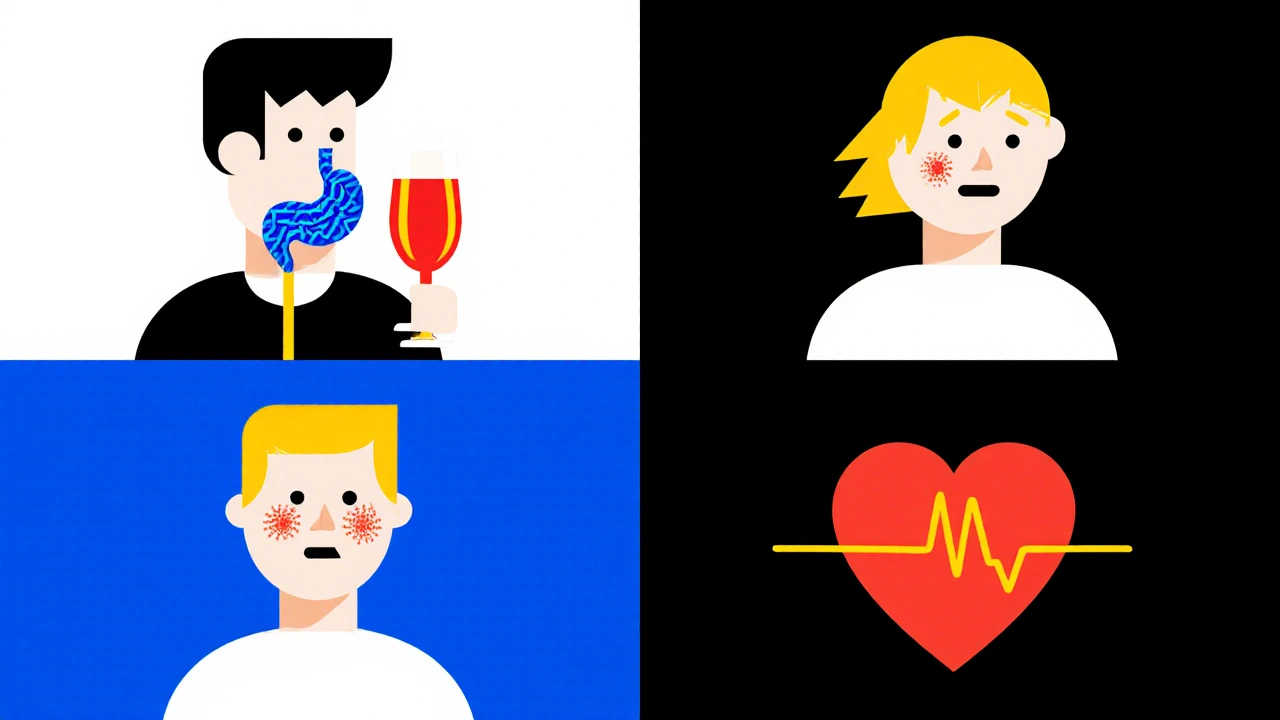 Four simple figures illustrating nausea, headache, flushing, and heart palpitations.