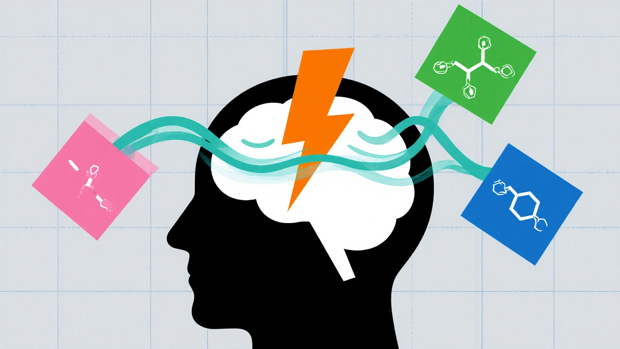 Geometric hormone icons surround a brain with a lightning bolt indicating migraine.