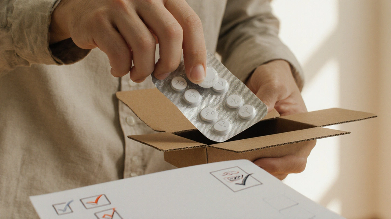 Hand holding a white Lasix tablet from a delivery package, highlighting final safety inspection.