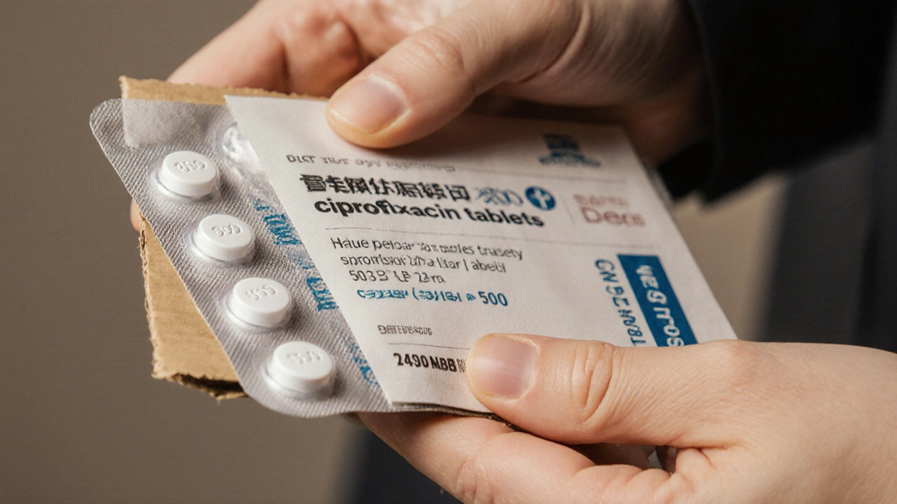 Hands inspecting a delivered generic ciprofloxacin blister pack with batch number and TGA seal.