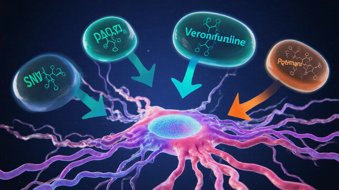 Illustrated synapse with serotonin and norepinephrine ribbons, drug molecules hovering above.