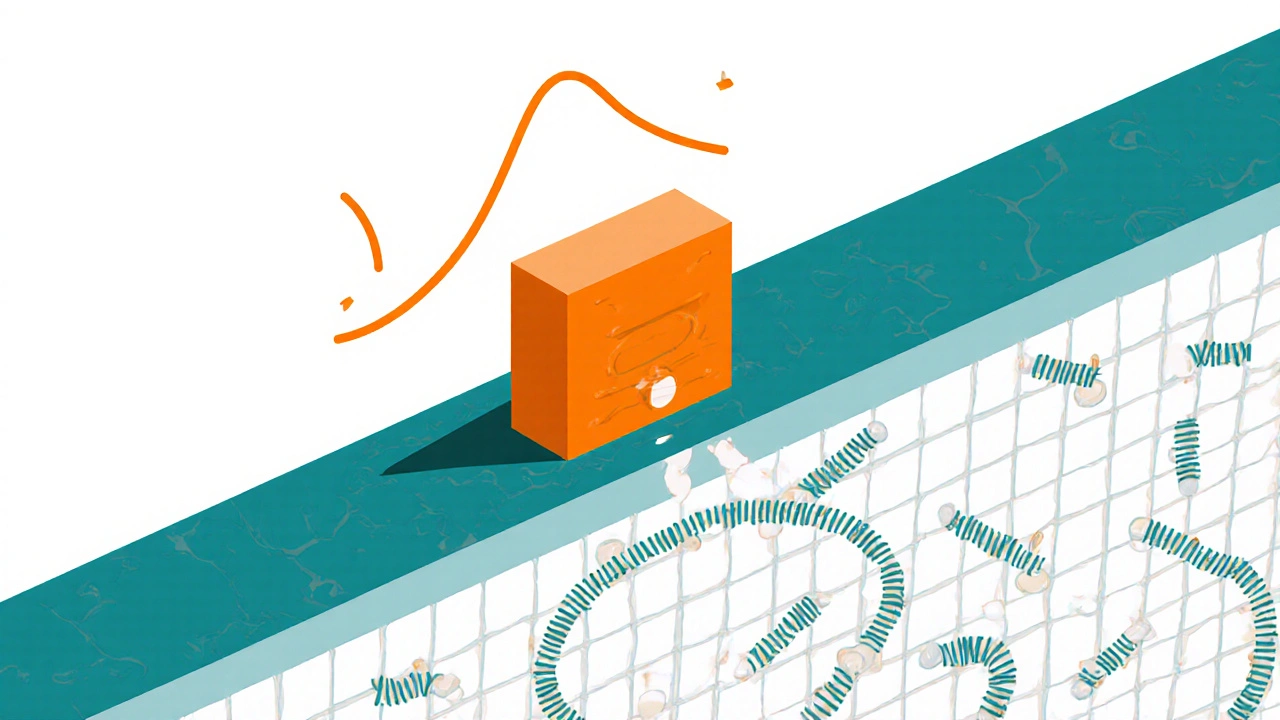 Illustration of Acarbose blocking enzymes in the intestine, flattening glucose curve.