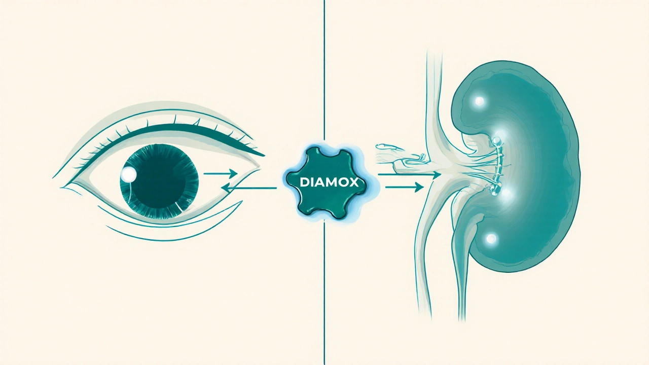 Illustration of carbonic anhydrase inhibition in eye and kidney.