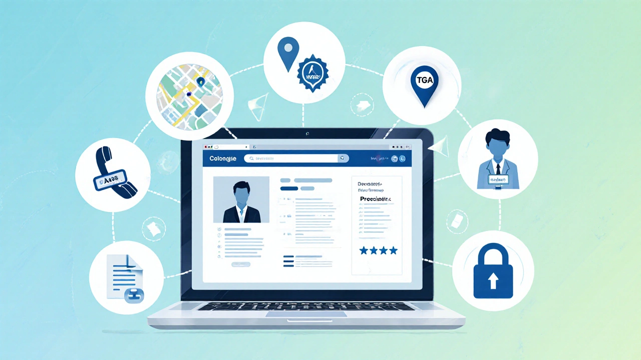 Illustration of checklist icons verifying a legitimate online pharmacy.