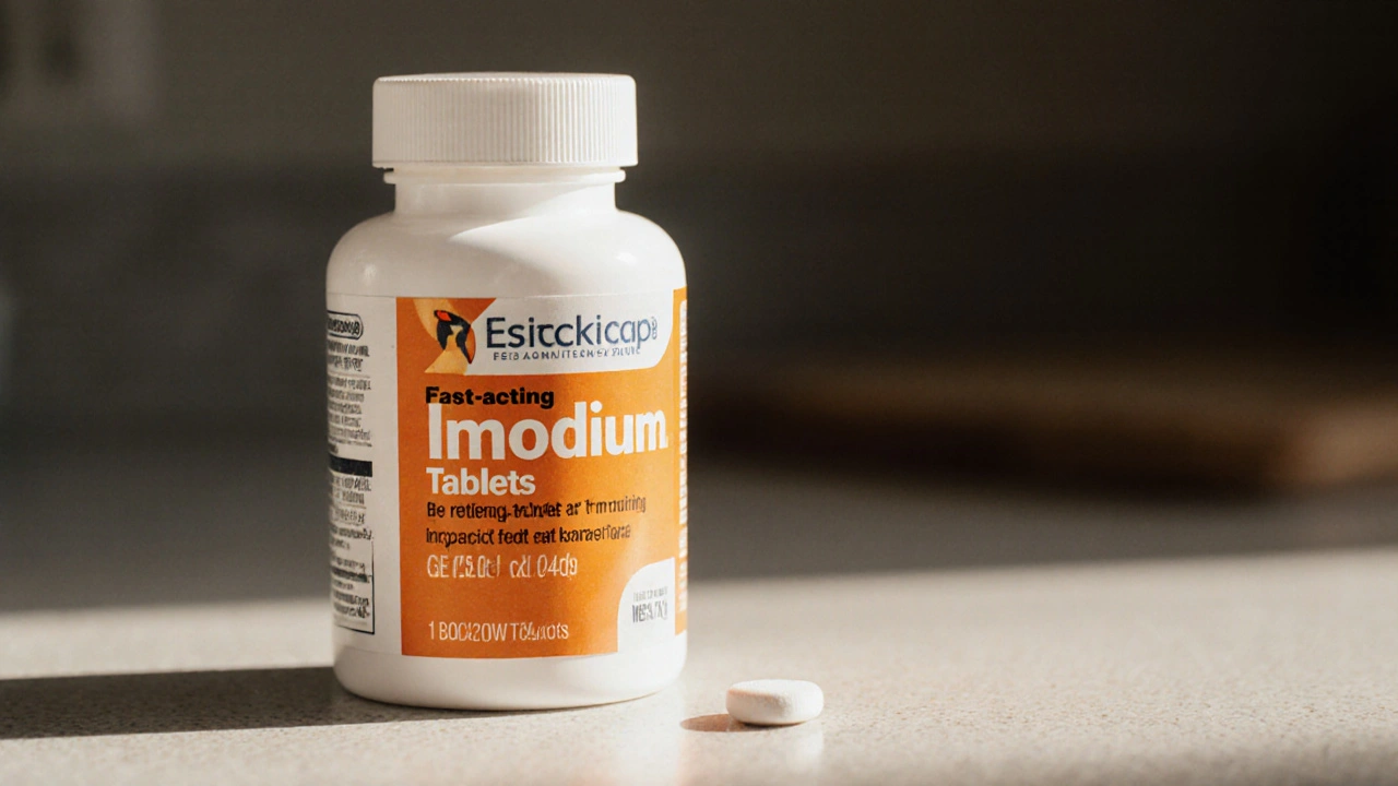 Imodium tablet bottle illuminated by sunlight on a kitchen counter.