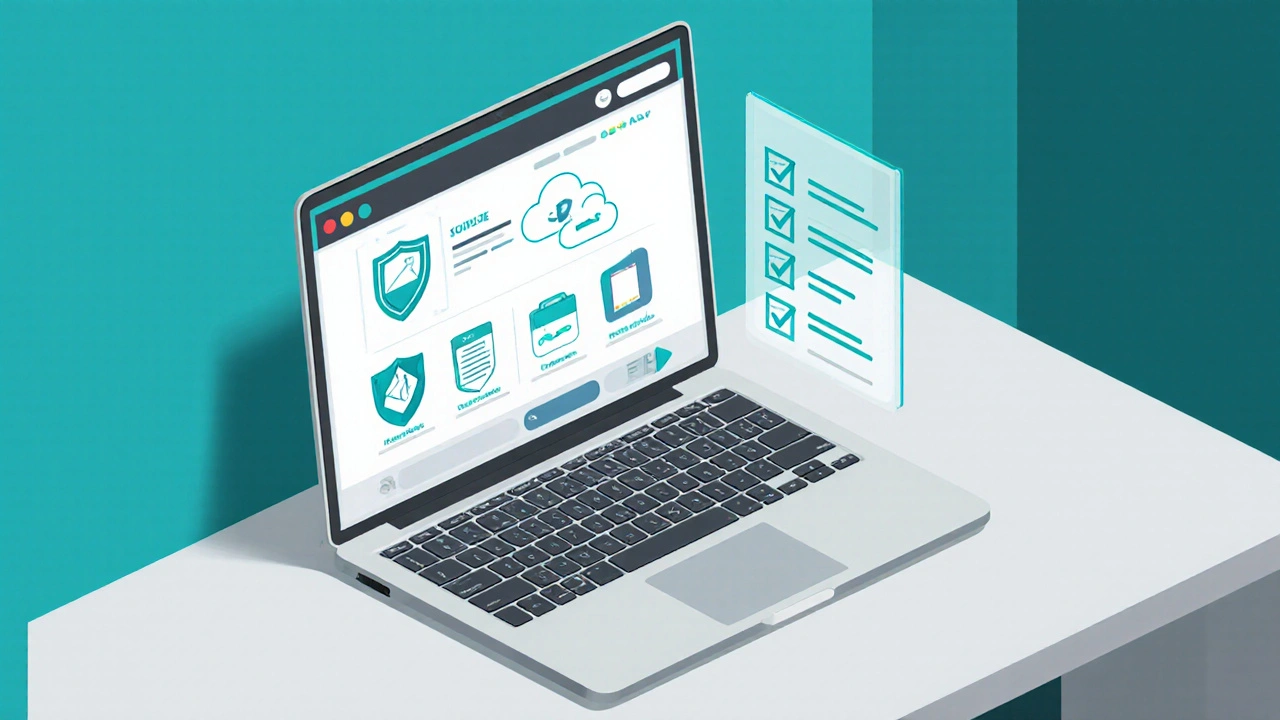 Isometric illustration of a laptop displaying pharmacy icons and a checklist.