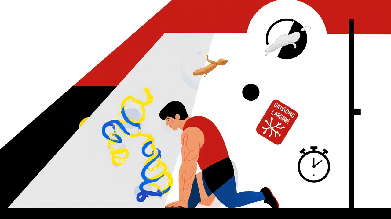 Man doing Kegel exercises with glowing muscle fibers and natural supplement icons in minimalist Bauhaus design.