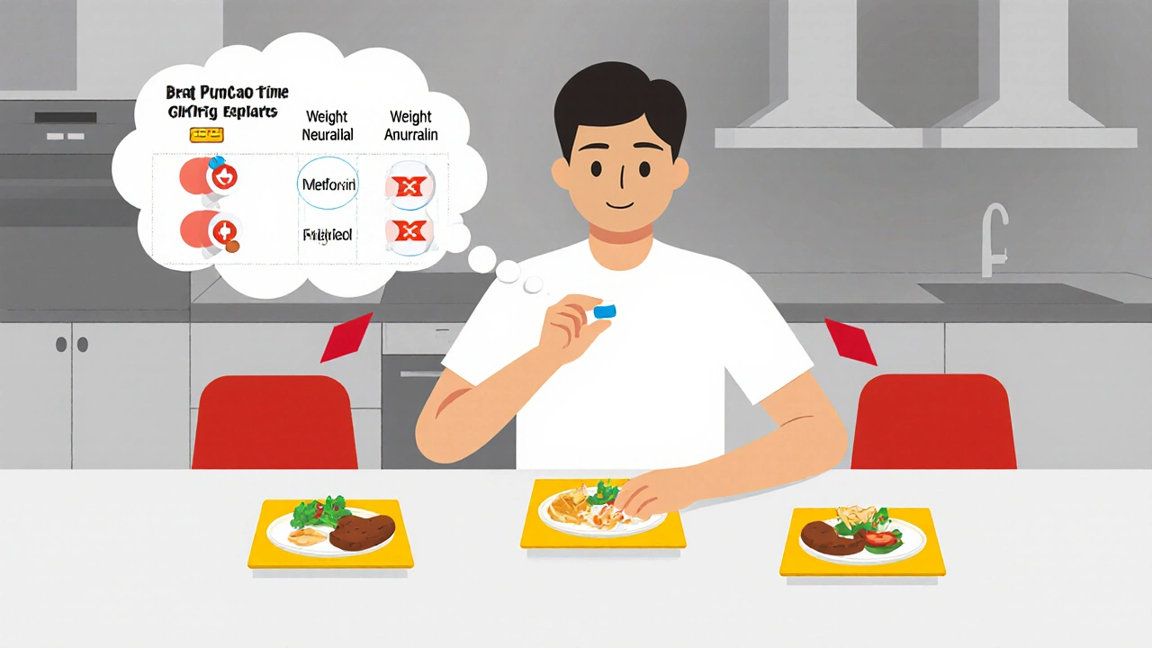 Patient taking Precose with meals, thought bubble comparing side effects.