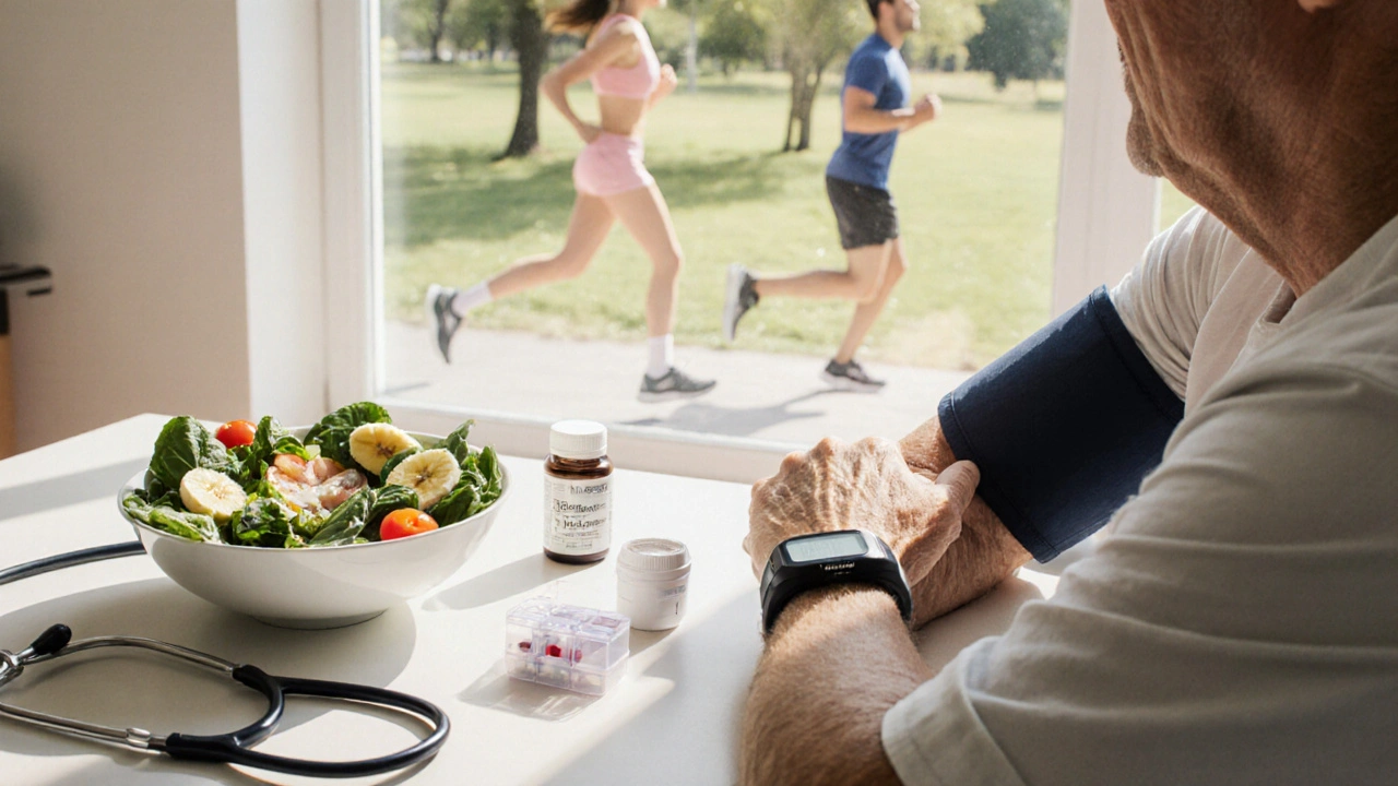 Person monitoring BP at home, preparing a potassium‑rich salad, and walking outdoors, surrounded by medication.