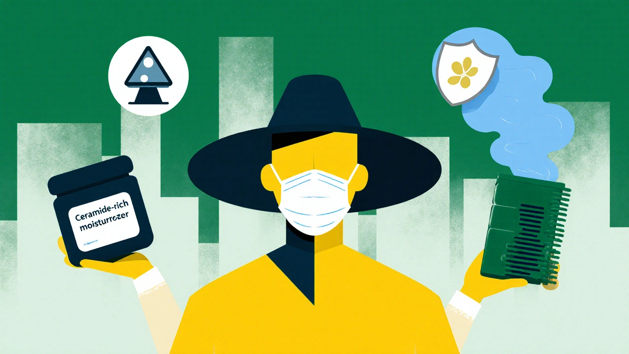 Person using moisturizer, humidifier, and protective gear against pollution.