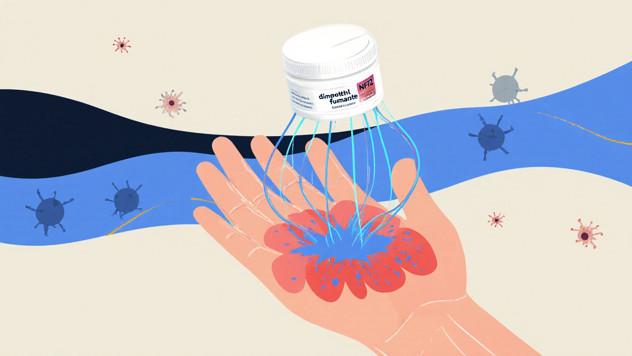 Pill activating Nrf2 pathway to calm skin inflammation with abstract lines.