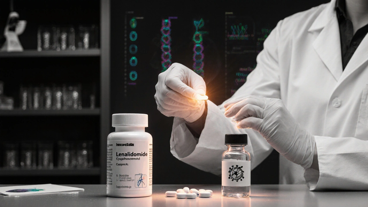 Researcher mixing lenalidomide with other drugs in a lab, amber light on capsules.