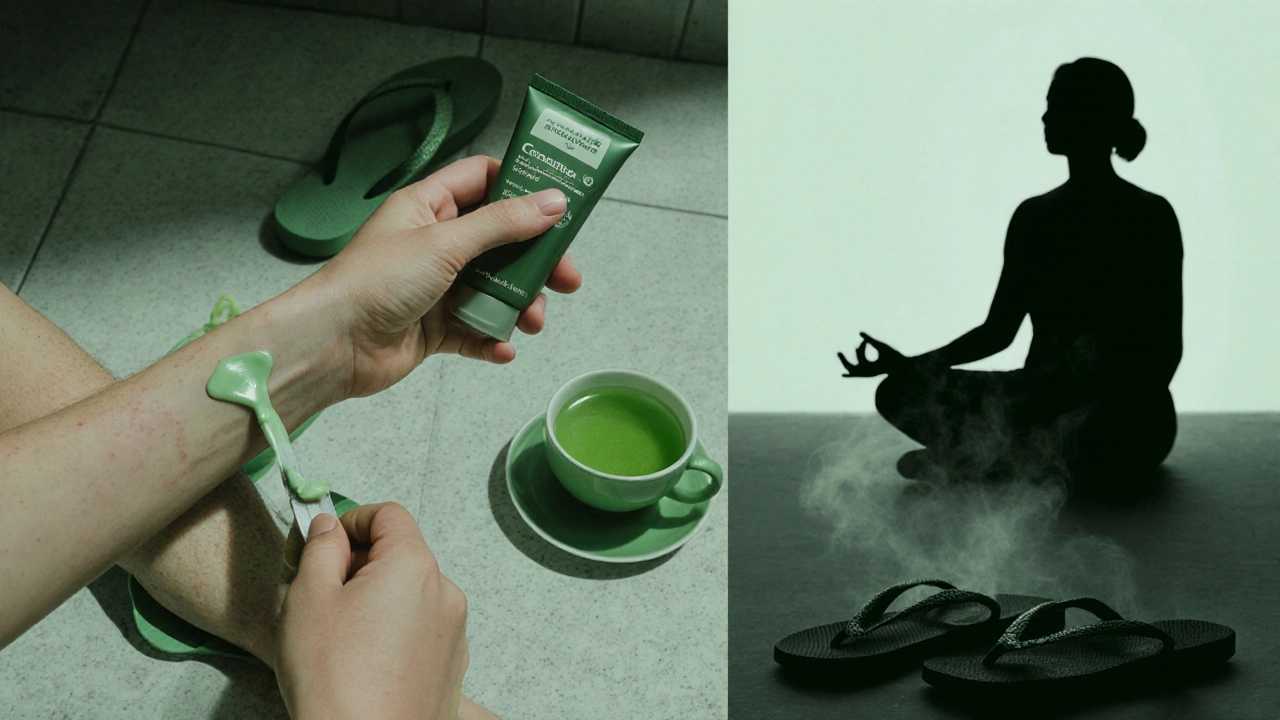 Self‑care scene with moisturizer, flip‑flops, tea, and meditation in green duotone.