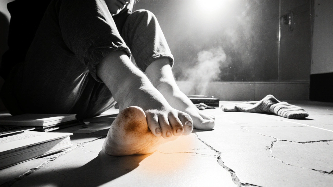 Stressed student in a dorm bathroom with foot fungus shown in amber duotone.
