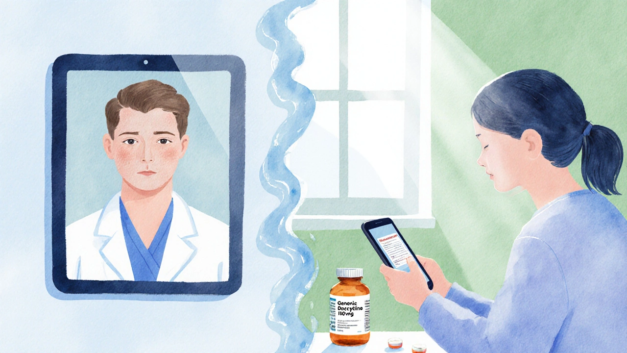 Telehealth video call with doctor and patient sharing a prescription photo while a pill bottle sits nearby.