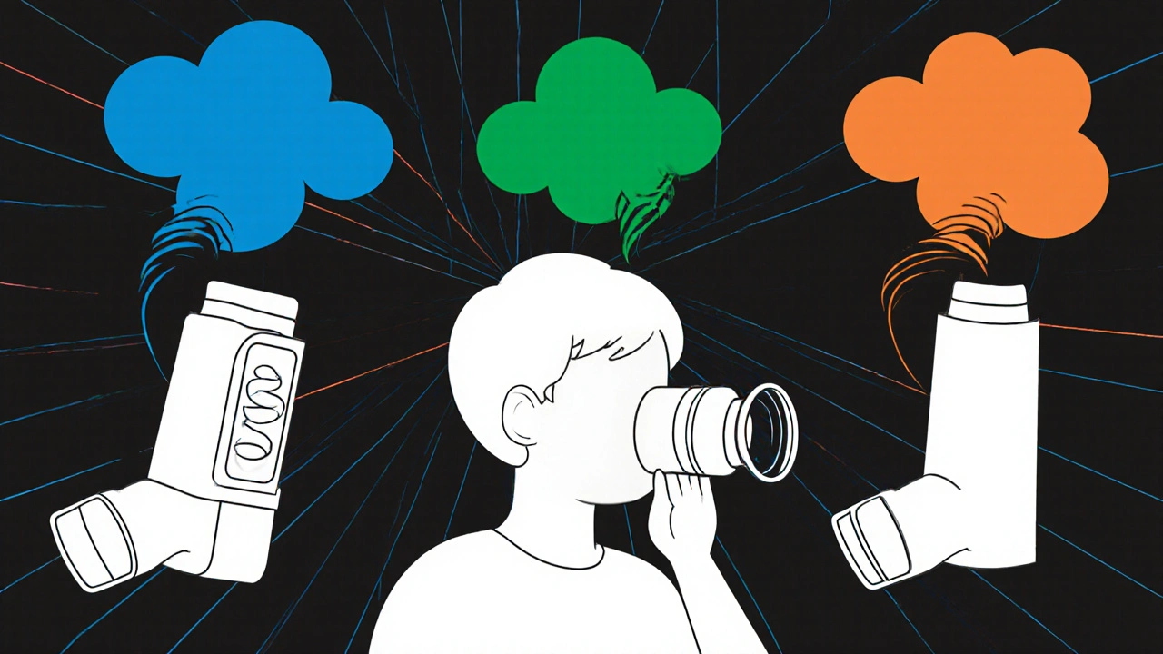 Three inhalers with abstract colored clouds representing different medications, on a geometric grid background.