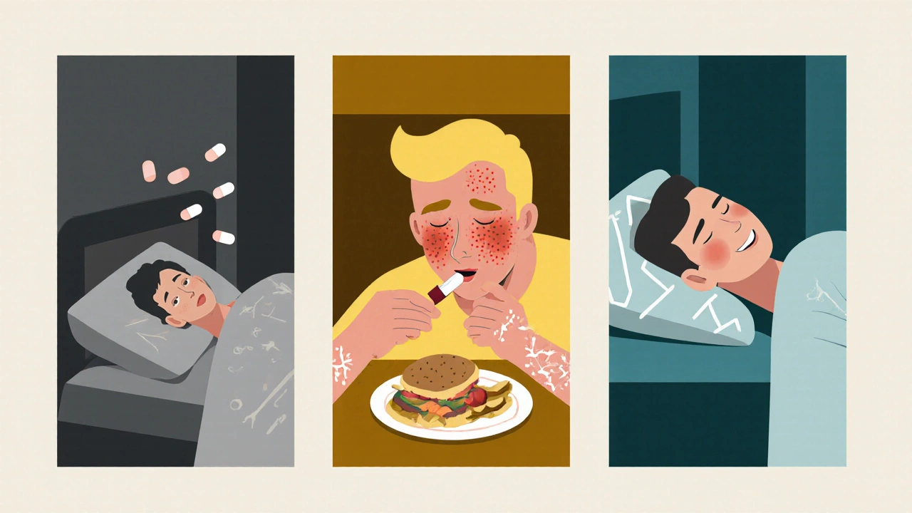 Three-panel visual of patient&#039;s journey from hives to peaceful sleep.