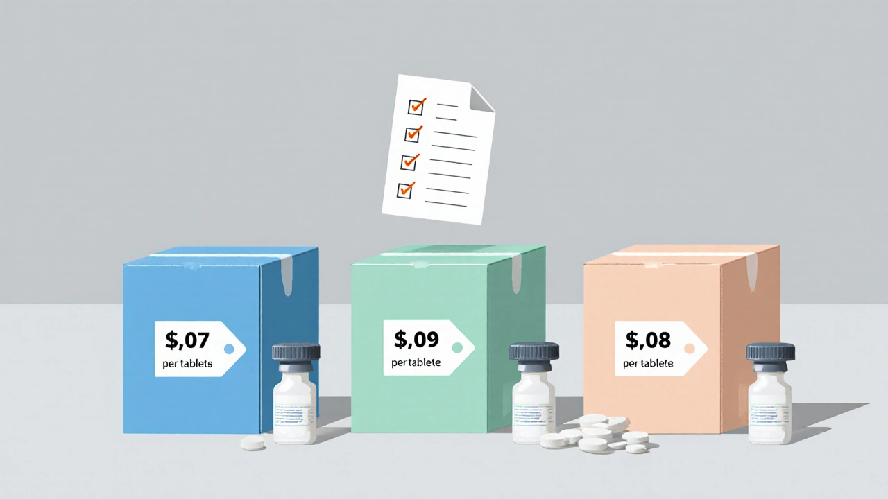 Three pastel boxes with price tags, pill bottles, and checklist icons representing price comparison.