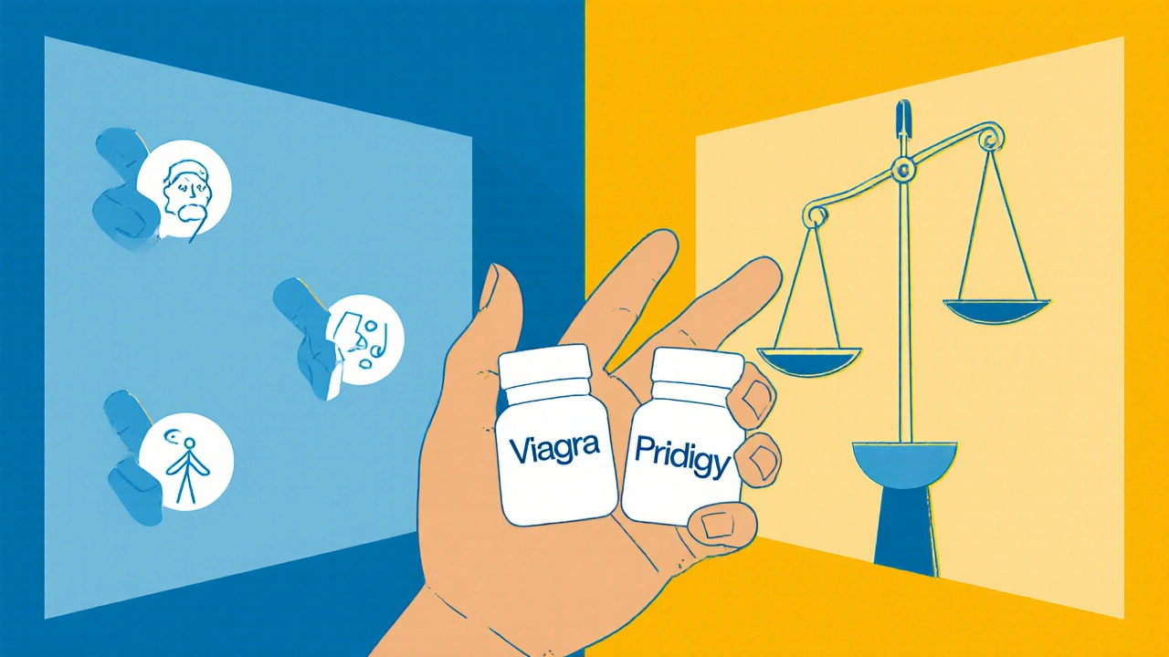 Two separate pills held in hand with contrasting side effect icons, illustrated in bold Bauhaus geometric forms and primary colors.