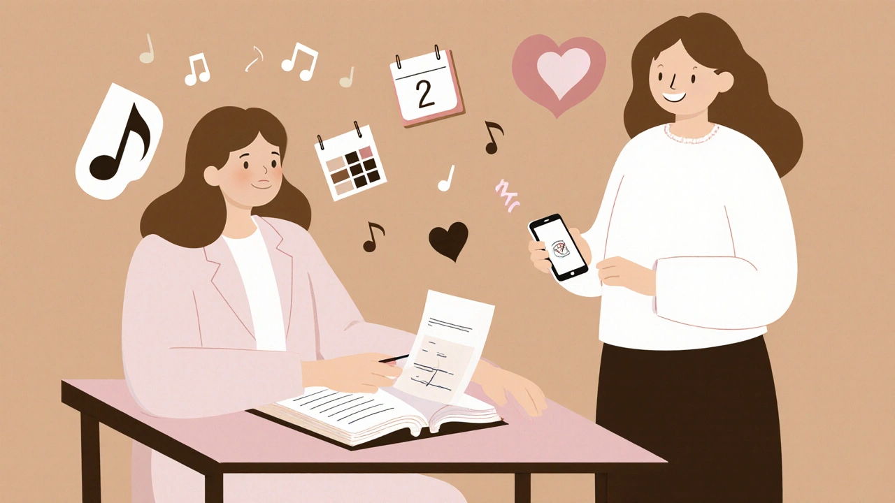 Woman journaling after test with friend nearby, supportive symbols around them.