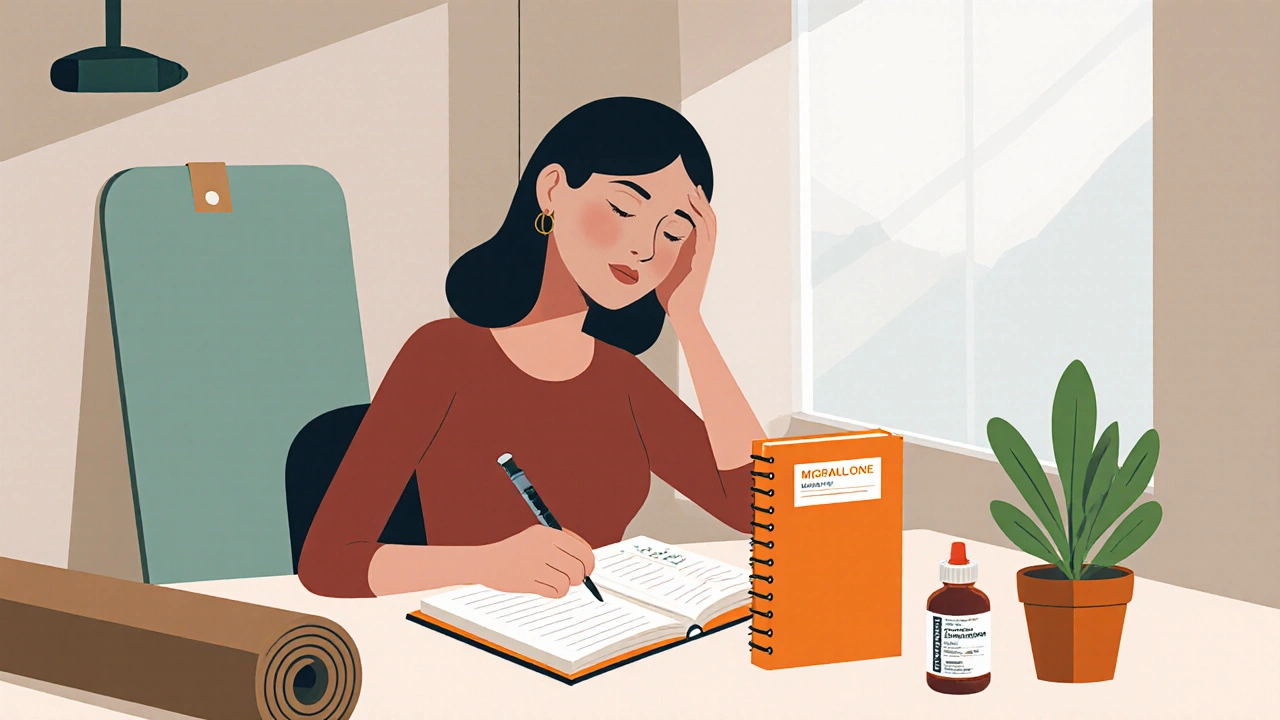 Woman writes in a migraine diary beside pill bottles, yoga mat, and a plant.