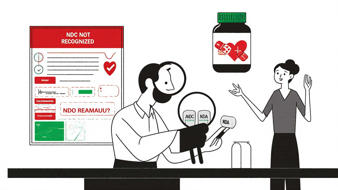 A pharmacist comparing pills under magnification while a pharmacy system displays an error message.