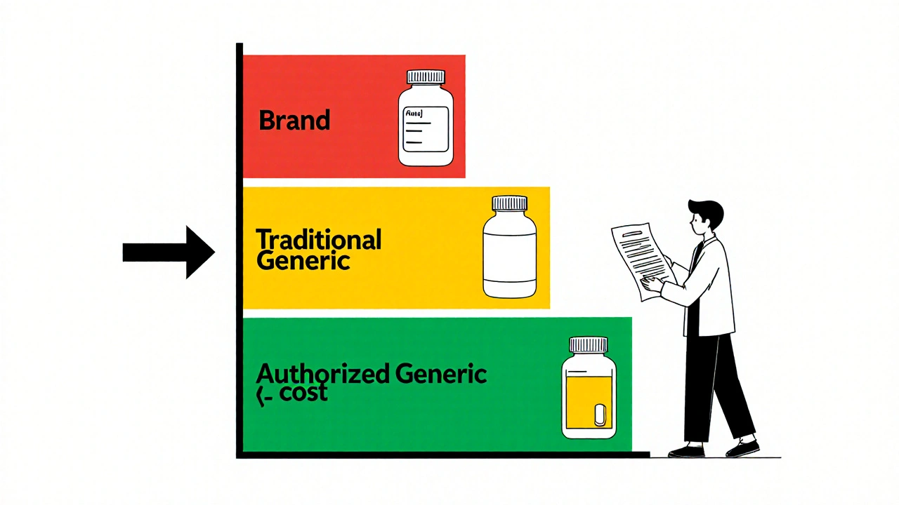 A tiered formulary chart with colored levels showing brand, generic, and authorized generic drug placement.