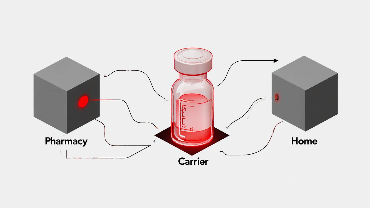 Abstract blockchain chain of custody for medication with one red alert cube, centered on a protected insulin vial.