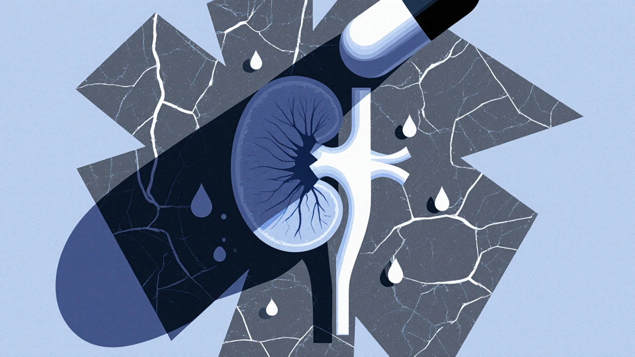 Abstract kidney with cracked surface and pill casting a shadow over blood vessels