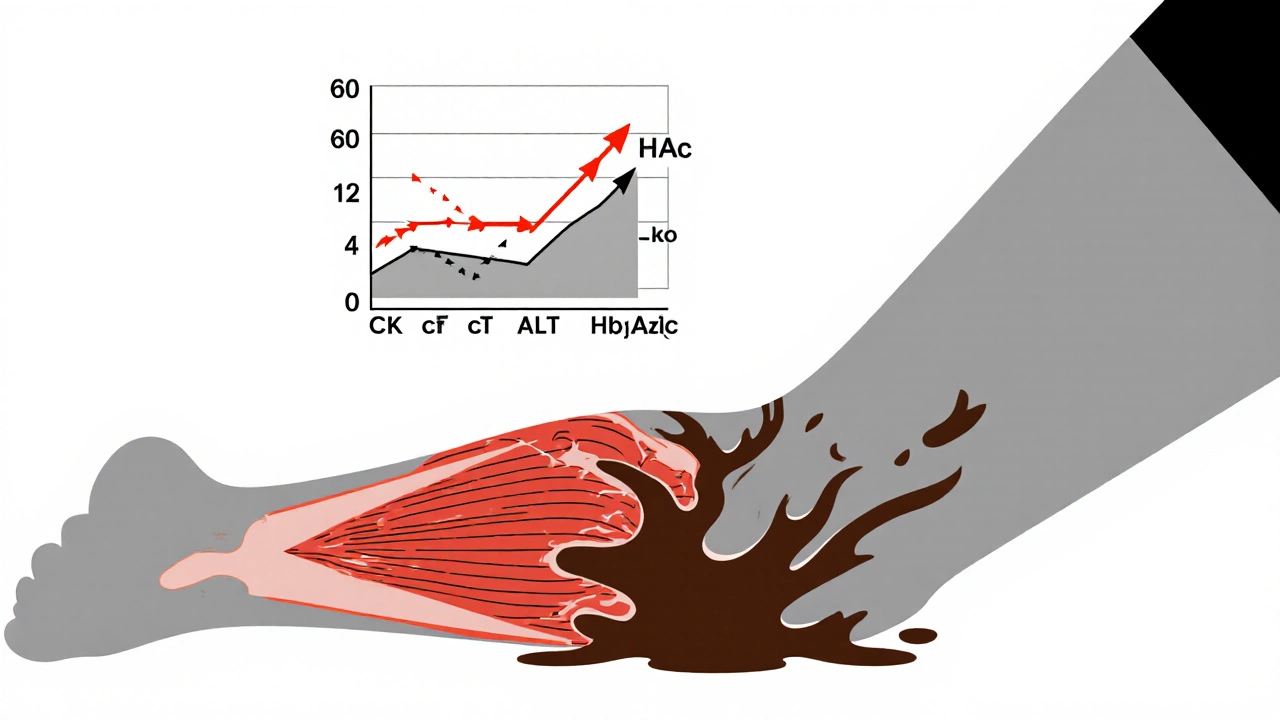 Abstract leg with muscle damage and medical data charts floating above