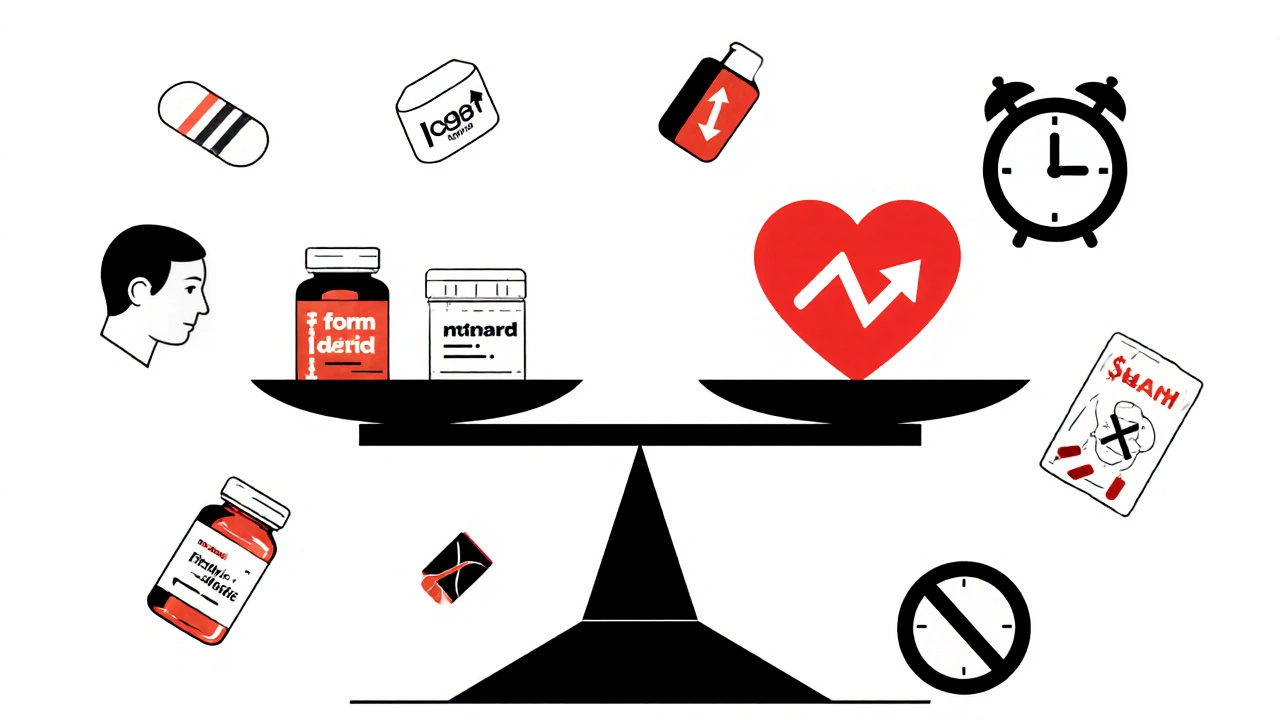 Balanced scale of heart medications, isosorbide dinitrate marked as cost-effective and effective.