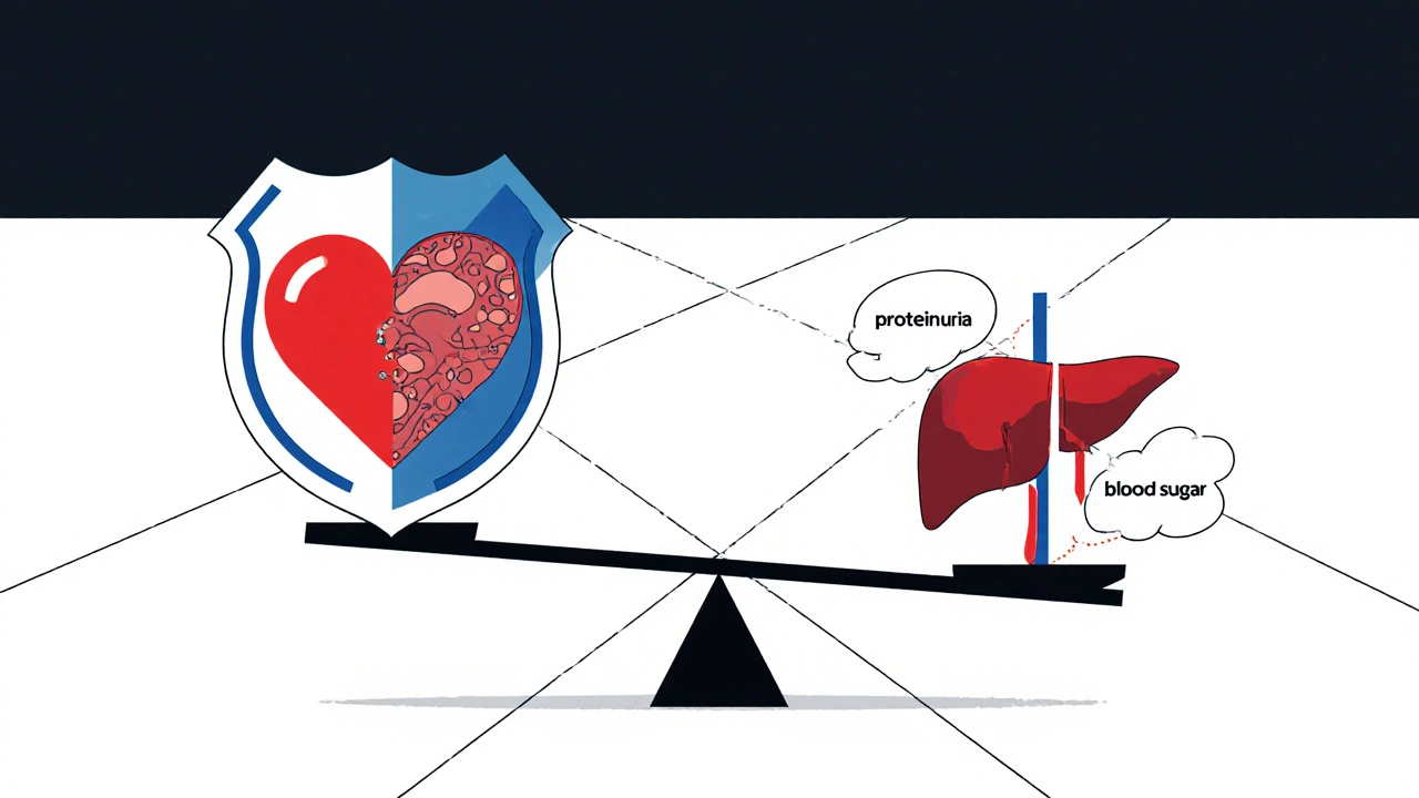 Balanced scale showing heart benefits versus kidney and sugar risks