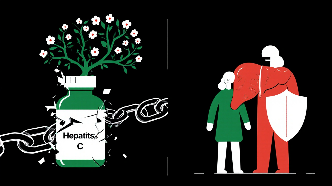 Broken chain of hepatitis C turning into a tree, with vaccine shield protecting a child in abstract Bauhaus style.